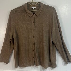 J.Jill Love Linen 100% Linen Jersey Knit Button Front Top Light Sweater Brown 2X